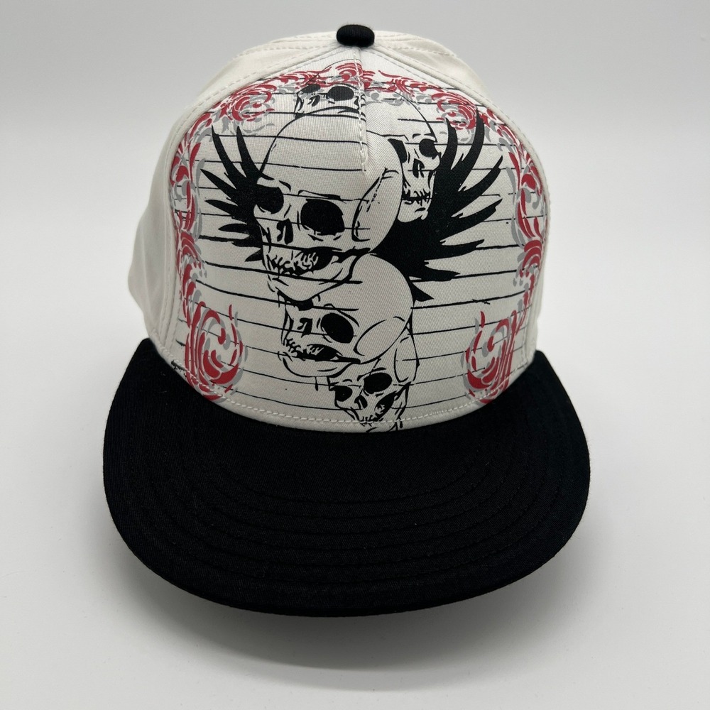 White Skulls and Roses Graphic Flat Brim Snapback Baseball Cap Hat Size 58